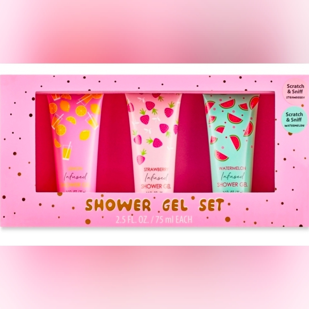 Shower Gel Set 3 Pc Infused With Lemon Strawberry Watermelon 2.5 Oz Each